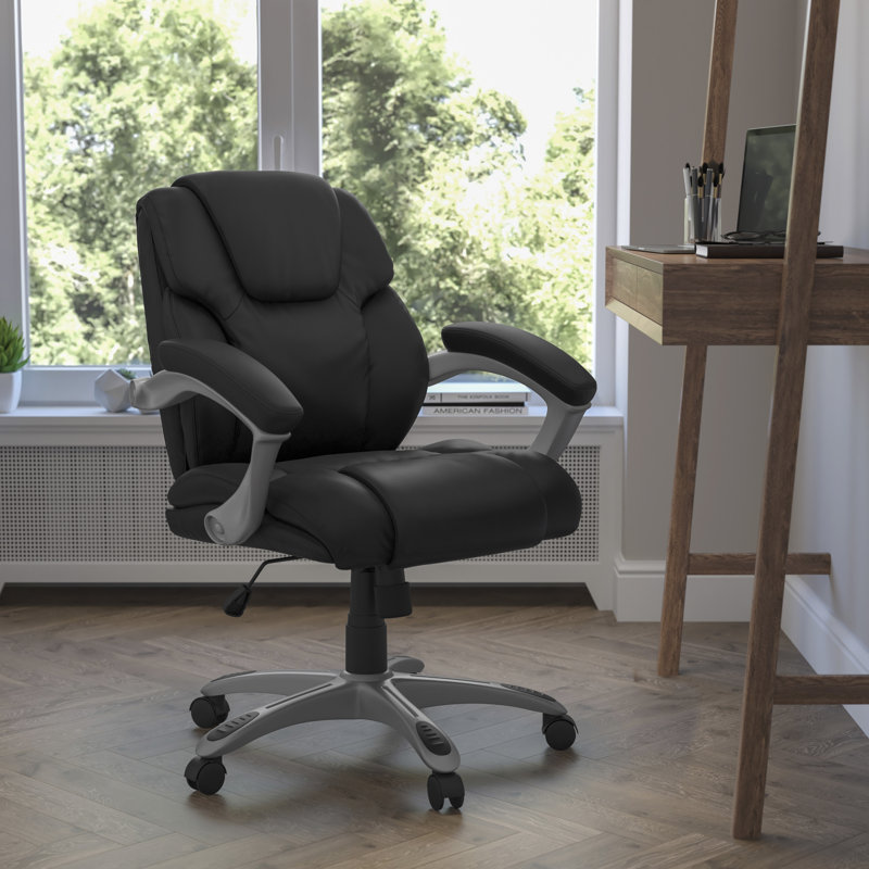 Ergonomic Mid-Back Swivel Task Chair in Black LeatherSoft