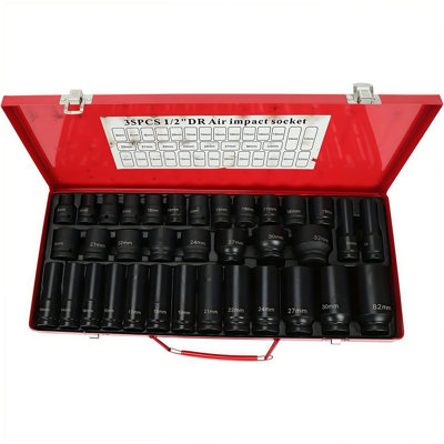 35Pcs 1/2" Lmpact Socket Set Cr-V Steel Drive Deep 6Point Socket Tool Set 8-32Mm Metric Socket Wrenchset With Size Marking For Automotive Repair High Torque