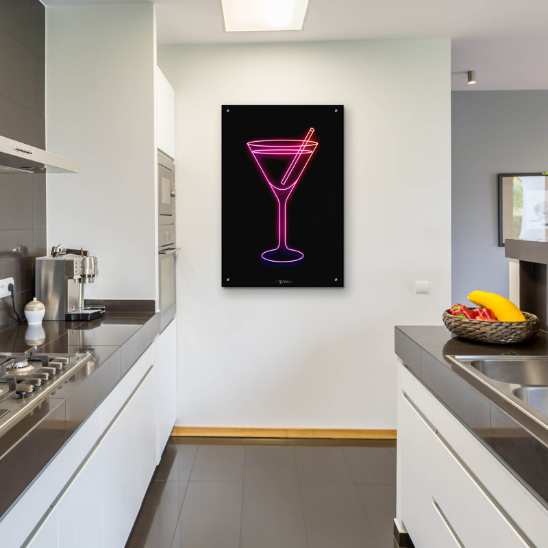 Art mural en verre Neon Martini Glass 1 'par Momart, H 36 po x l 24 po x P 0,2 po