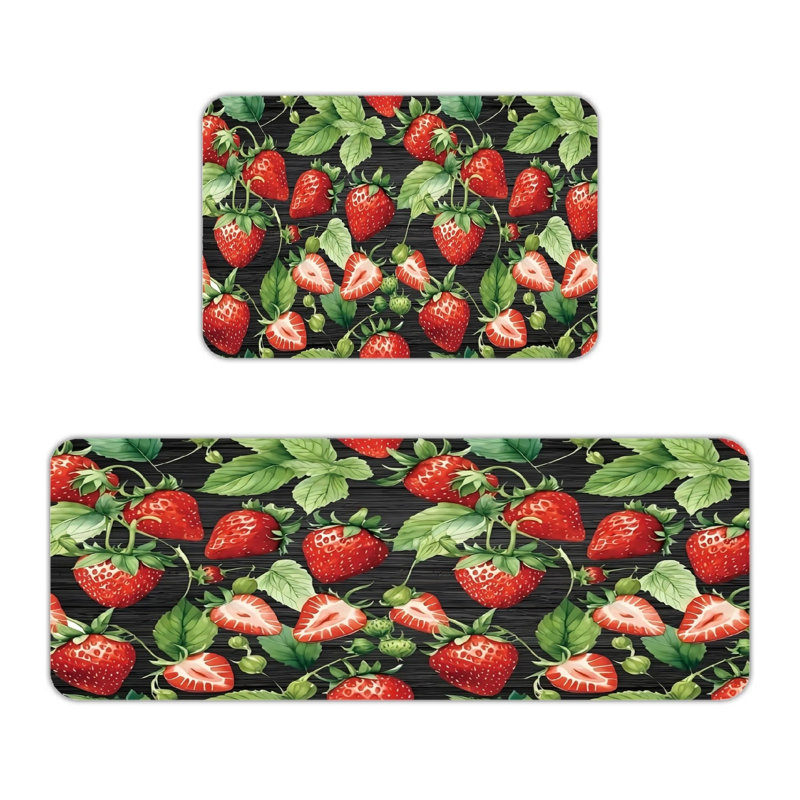 Black Background Strawberry Print Set of 2 Kitchen Floor Mats, Kitchen Dining Room