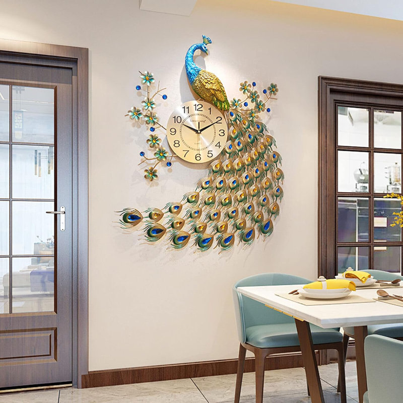 Horloge murale paon - 29,5 po, grand décor avec diamants en cristal, conception 3D, mouvement silencieux