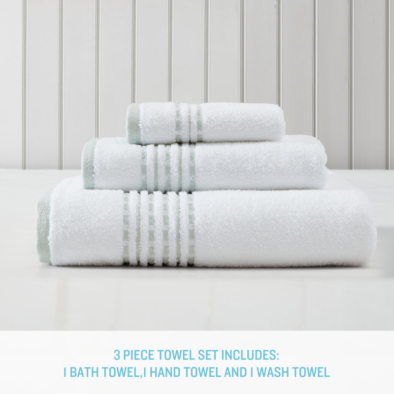 Cliff Side Cotton 3 Piece Towel Set, White/Green