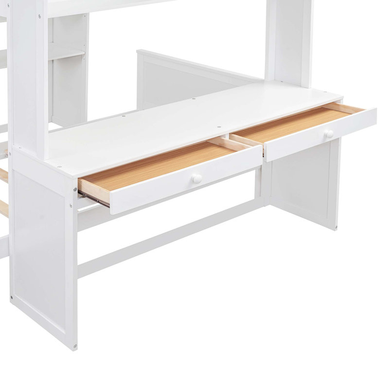 Lit mezzanine double avec lit simple, bureau et tablettes