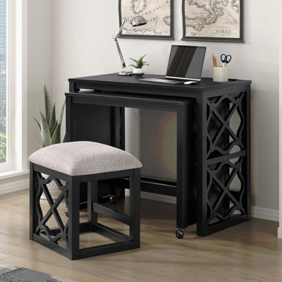 Ensemble de bureau et tabouret avec bureau à roulettes 3 pièces avec roulettes et 2 ports de chargement