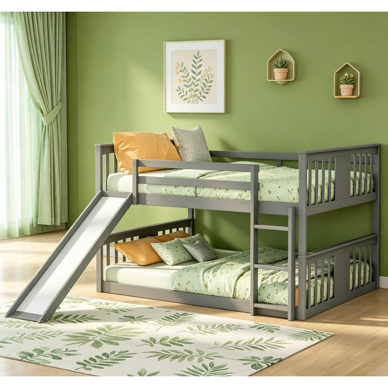 Lit double superposé au-dessus d'un lit double avec échelle et toboggan, gris, conception compacte et durable pour les chambres modernes