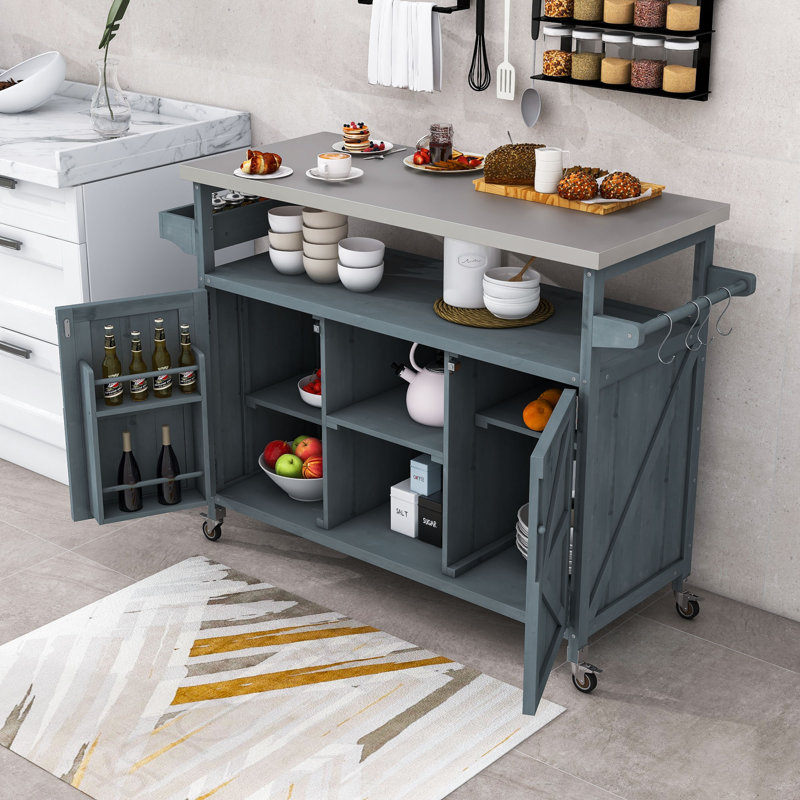 Cheyene Rolling Kitchen Island with Stainless Steel Top and Lockable Wheels, Gray Blue