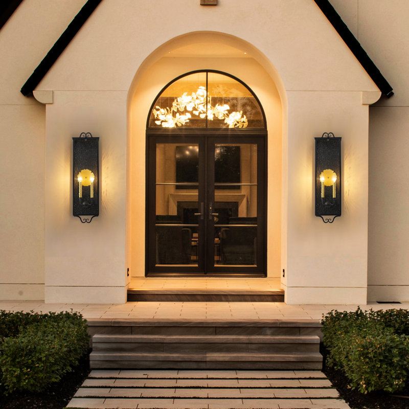 Black Outdoor Wall Lantern Sconce With Seeded Glass And Gold Accent, 2, 30.25" H x 8.50" W x 6.50" D