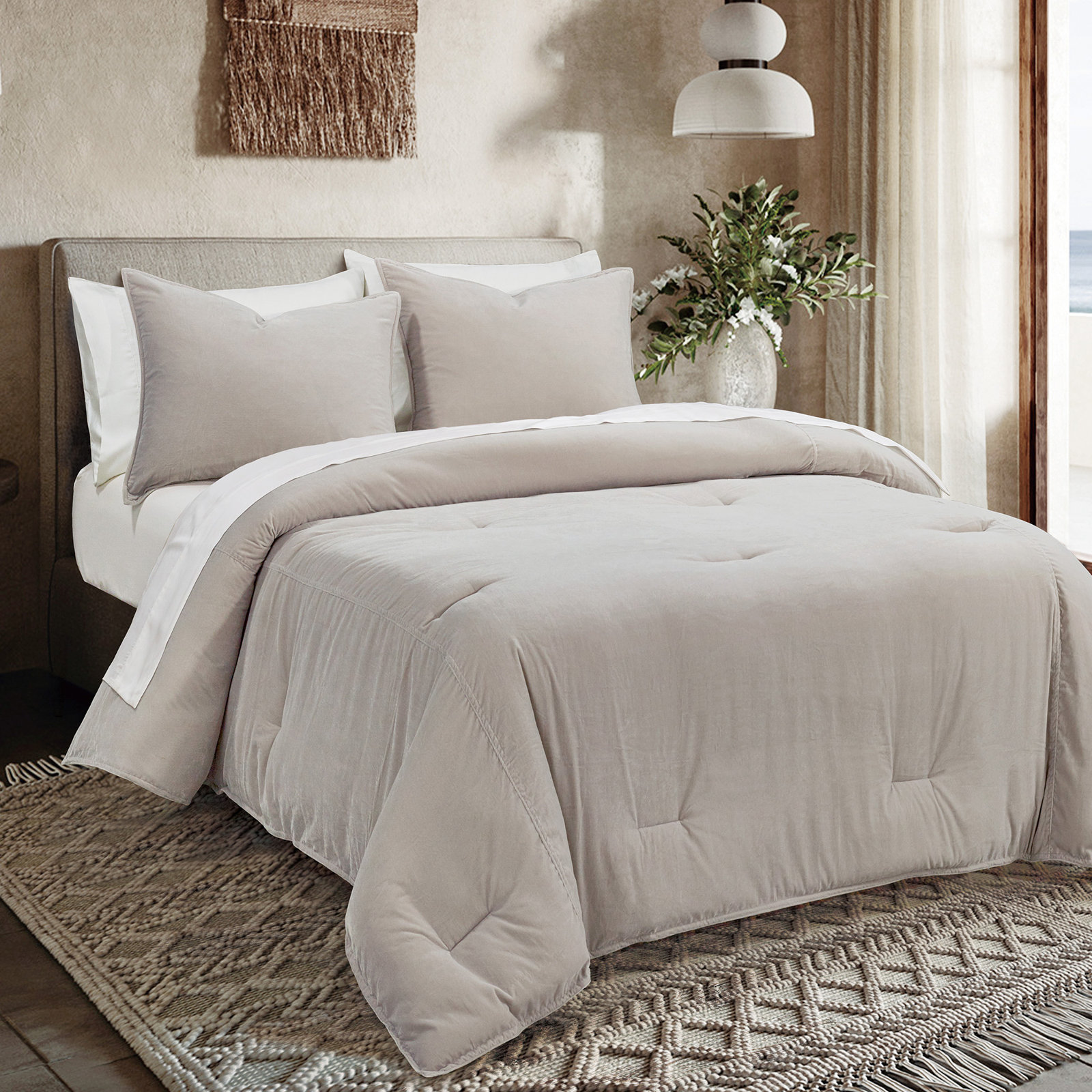 Estelle Velvet Comforter Set, Queen Comforter + 2 Standard Shams, Taupe