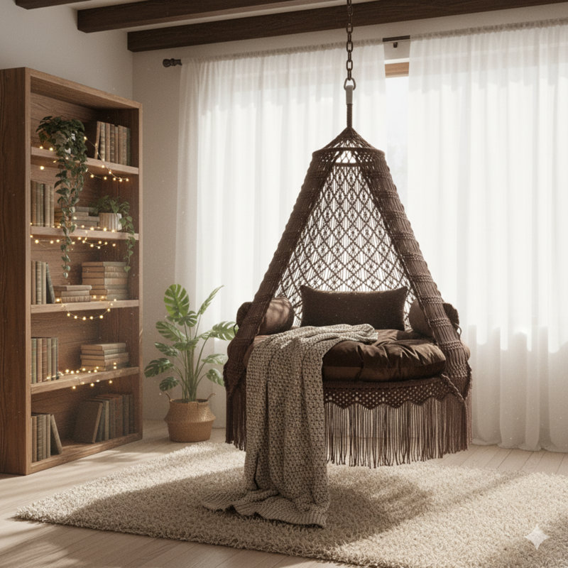 Balançoire de lit brun chocolat avec coussin pour une détente intérieure et extérieure