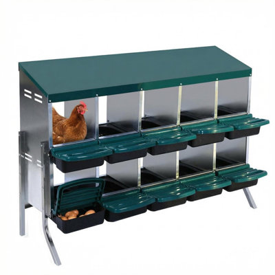 10-Compartiment Rolling Egg Nest Box, Galvanized Outdoor Hen House with Collection Trays & Stand