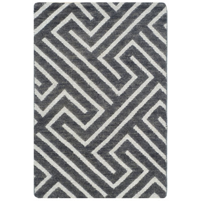 Tapis géométrique en laine noué à la main gris anthracite / blanc