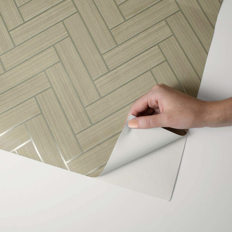 Chevron Vinyl Peel & Stick Metallic Wallpaper Roll, Khaki/Metallic Silver