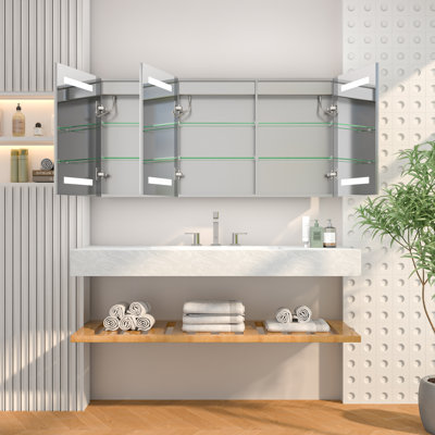 Pharmacie pour salle de bain à DEL 48 po x l 24 po avec portes à miroir biseauté, désembueur, lumière à intensité variable, encastrée ou à fixation en surface