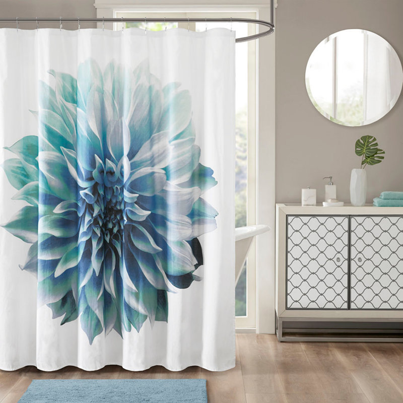 Printed Floral Cotton Shower Curtain, Aqua
