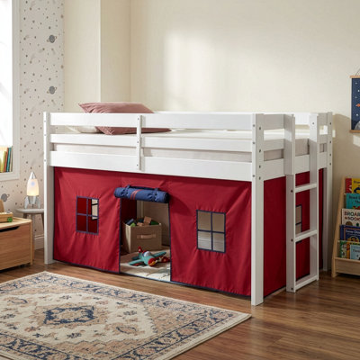 Fern Rock Twin Junior Loft Bed - White Frame and Red/Blue Bottom Playhouse Tent