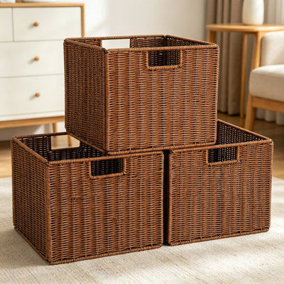Handwoven Wicker Storage Basket With Handles, Foldable Organization Bin For Shelves, Pantry, Kitchen And Bathroom
