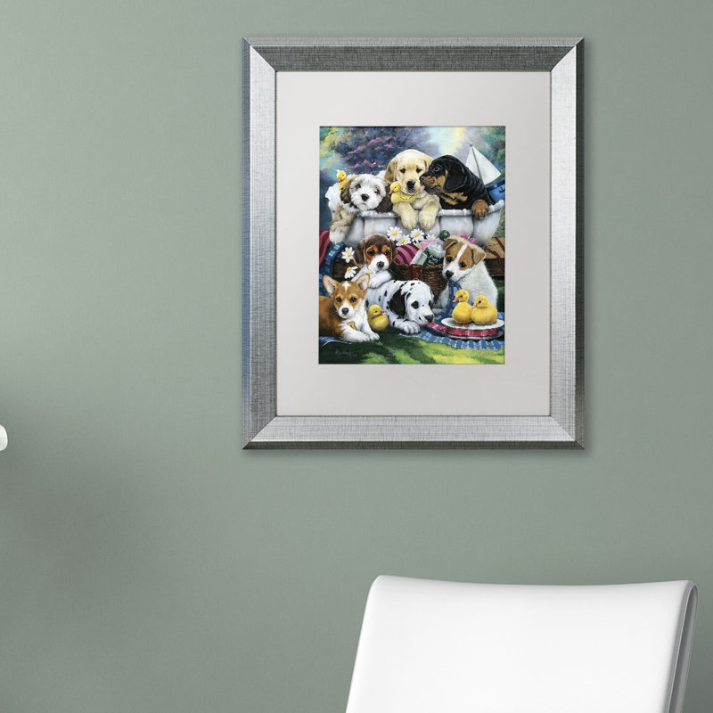 « bain time pup », reproduction d’impression sur toile encadrée, H 14 po x l 11 po x P 0,5 po, Toile avec cadre argenté