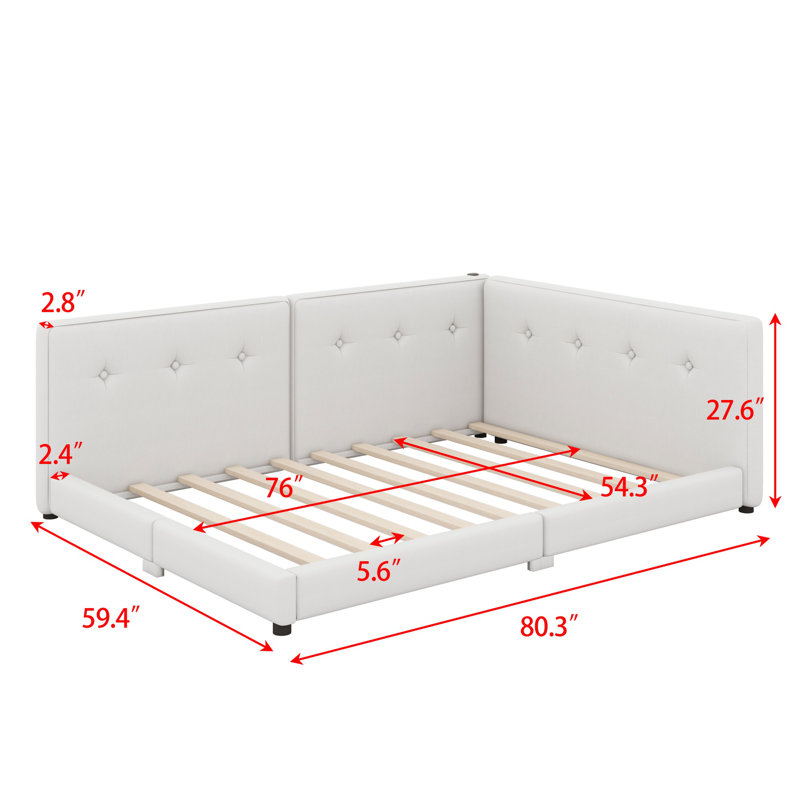 Lit plateforme tapissier avec ports USB, Beige, Lit double