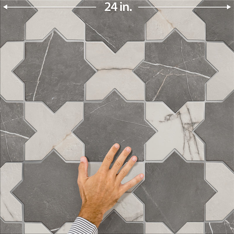 Istanbul Star with Cross 6 In. X 12 In. Porcelain Floor And Wall Tile Kit, Black/White