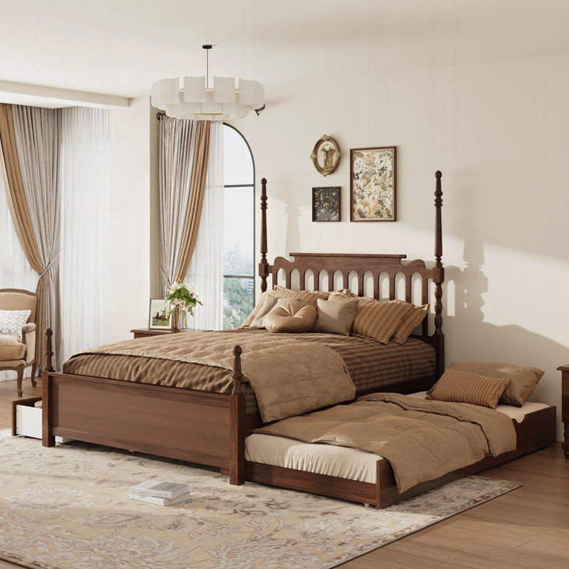 Base de lit plateforme grand avec gigogne simple TG et 2 tiroirs de rangement, Noyer