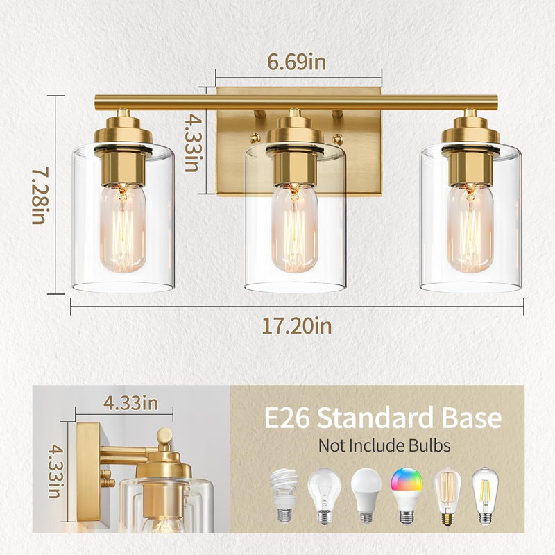 Modern 3-Light Dimmable LED Bathroom Vanity Fixture With Brushed Finish And Crystal Bubble Glass, Gold