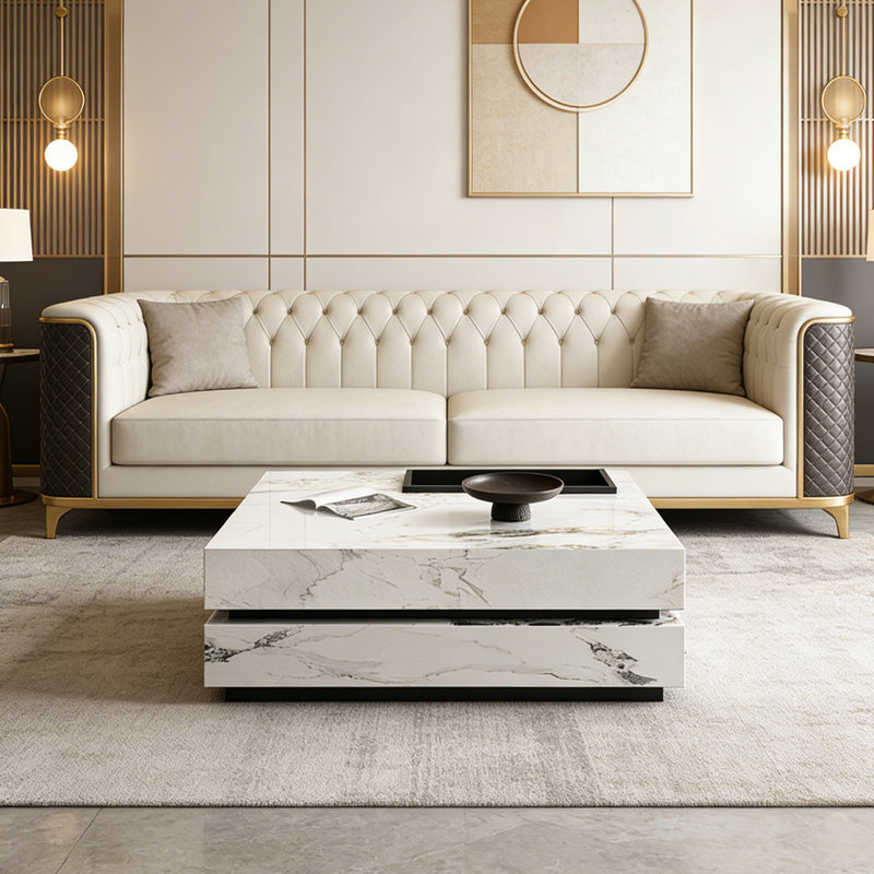 Table basse carrée sur pied avec plateau, H 13,77 po x L 31,49 po x l 31,49 po, Blanc, Blanc/taupe