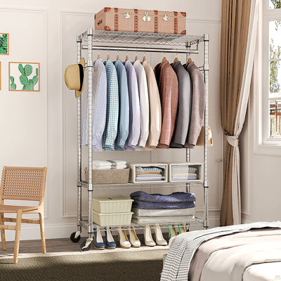Heavy Duty Rolling Garment Rack 3 Tiers Adjustable Wire Shelving Clothes Rack with Rods and Side Hooks,Storage Closet Clothing Rack with Wheels Chrome 15.7" D x 29.5" W x 74.5" H