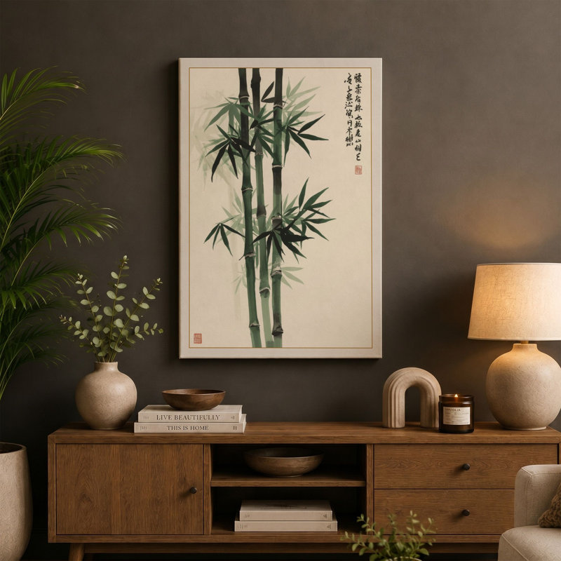Bamboo Study Japandi - Wrapped Canvas, 24x16 - 61.0 x 40.6 cm, Sage Border