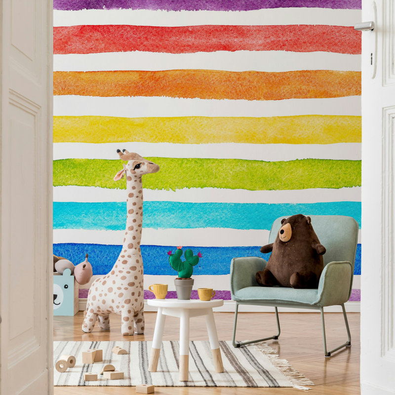 Papier peint à rayures aquarelle arc-en-ciel sur fond blanc, L 36,96 po x l 56 po