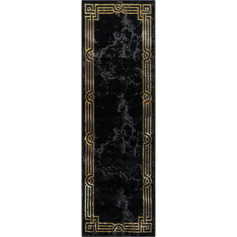 Fairmont  Marble Abstract Black Gold Glam Area Rug for Living Room, Bedroom, Dining Room and Hallway, Runner 2'7" x 9'10"