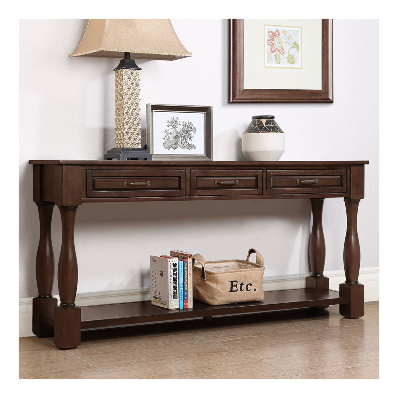 Console en bois de 63 pouces de long avec 3 tiroirs et 1 tablette inférieure pour le couloir d'entrée, Espresso