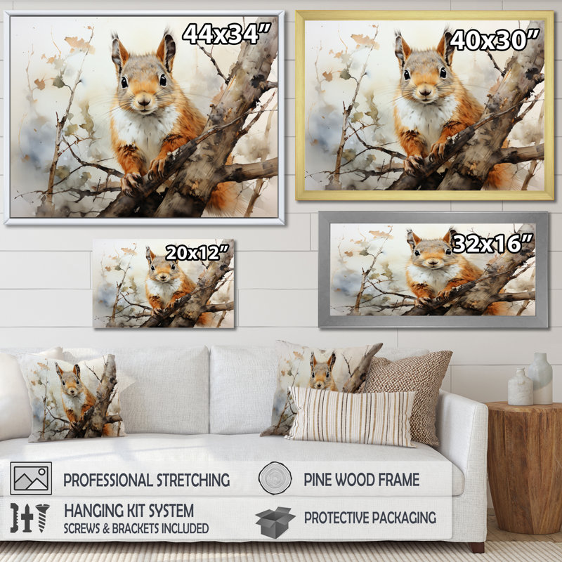 Brown Squirrel Curious Observer II - Animals Wall Art Living Room, H 16 po x l 32 po x P 1 po, Cadre flottant doré