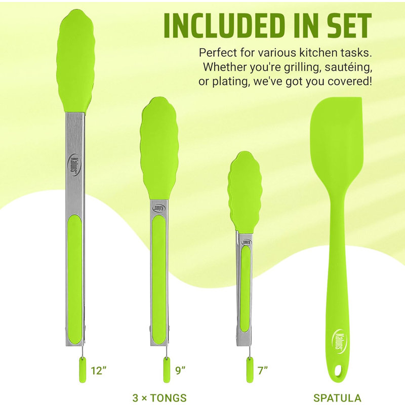 Kaluns Stainless Steel Kitchen Tongs Set of 4 with Silicone Tips, 7, 9 & 12 Inch Heat-Resistant Non-Stick BBQ & Cooking Tongs with Locking Handle and Silicone Spatula