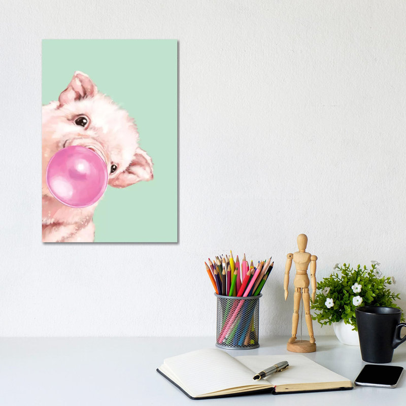 Sneaky Baby Pig Blowing Bubble Gum In Green by Big Nose Work - Wrapped Canvas Print, 20.32 cm H x 30.48 cm W