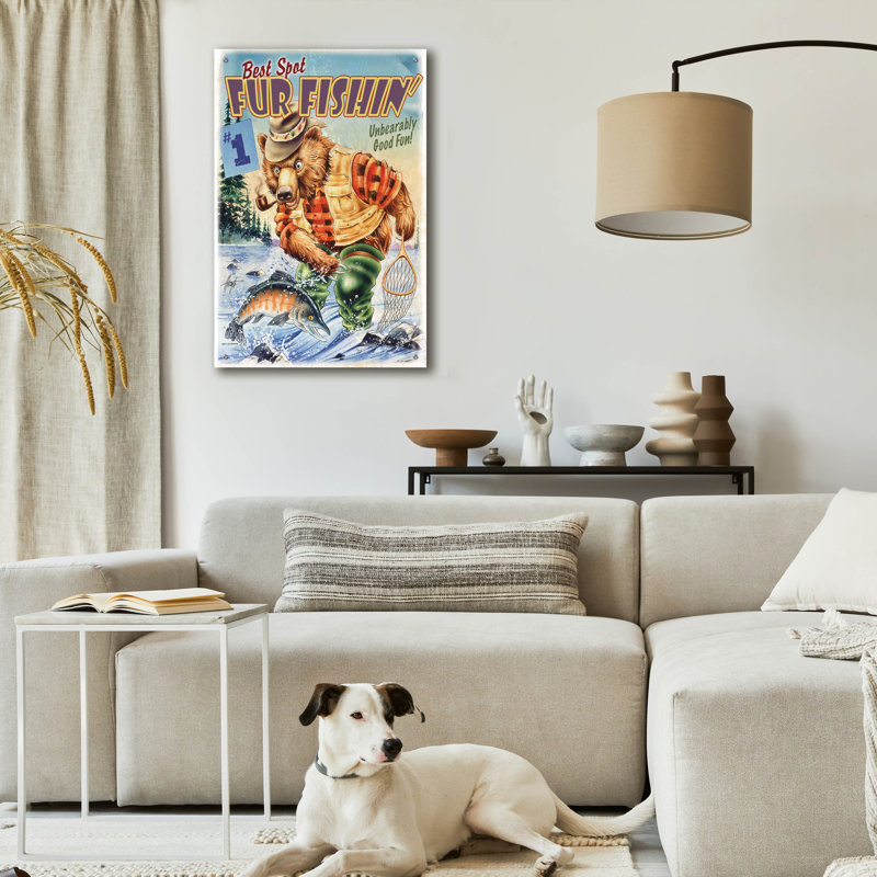 «Bear Fishing» par James Mazzotta, art mural en verre acrylique, H 36 po x l 24 po x P 0,2 po