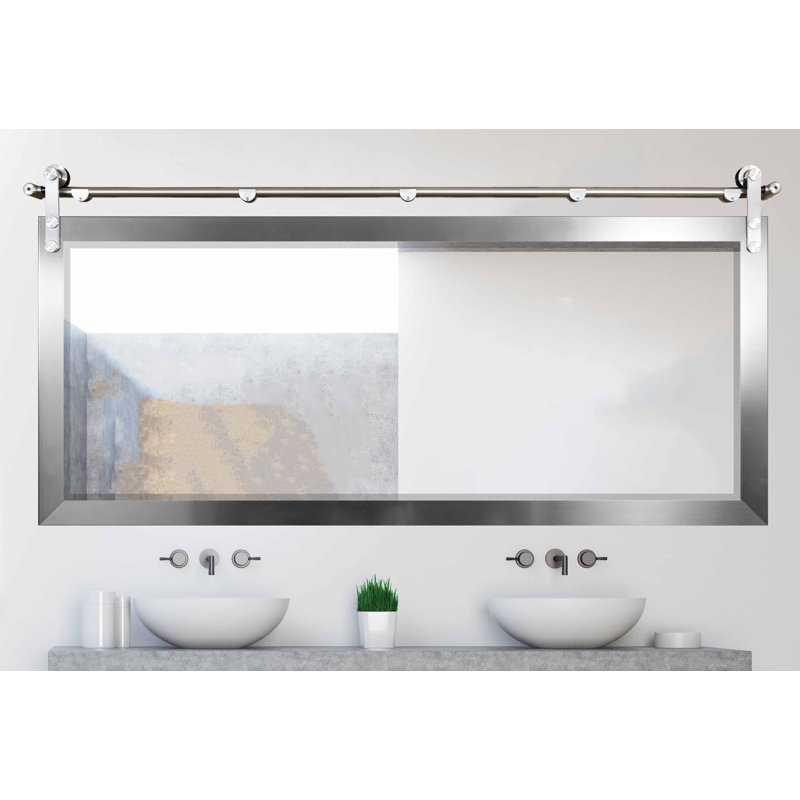 Karlyn Wood Framed Barn Door Accent Mirror, 30.5" H x 71" W x 0.75" D, Silver 