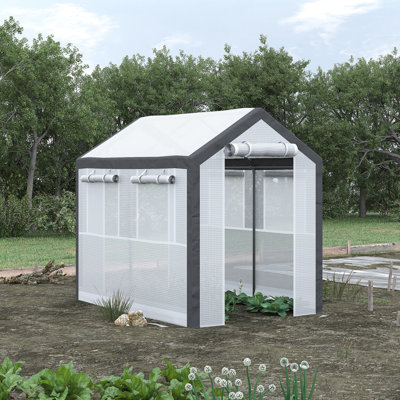 8'x6'x7.5' Walk-in Greenhouse, Outdoor Plant Growing Area With 6 Windows, 2 Zippered Doors & Weather Cover, White Planting Greenhouse 8'x6'x7.5',