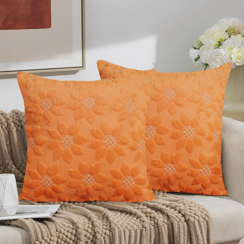 Barossa Design Soft Plush Sunflower Jacquard Throw Pillow Covers, Square 20", Orange