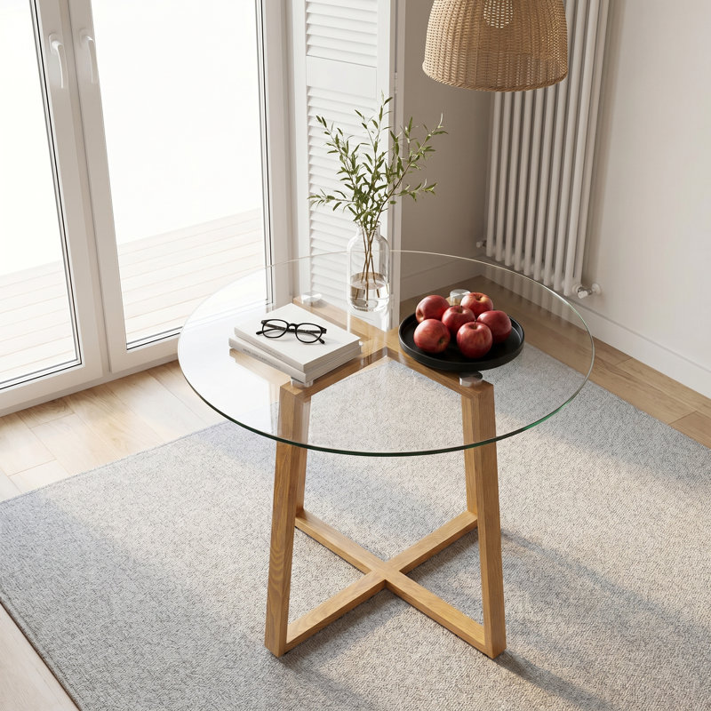 Diletto Round Glass Top Solid Wood Base Dining Table