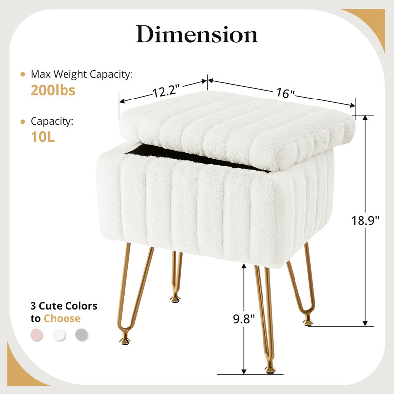 Modern Vanity Stool Chair With 4 Metal Legs And Storage, Multiuse Foot Rest For Makeup Room Bedroom, White