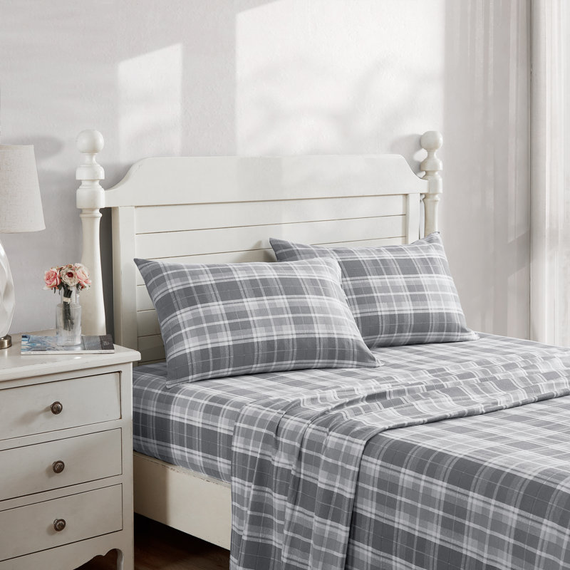 Gray Plaid Cotton Flannel Queen Sheet Set with Deep Pockets