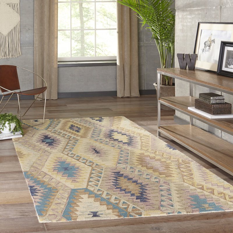 Handmade Southwestern Blue and Beige Wool Rug, 8 ft x 11 ft