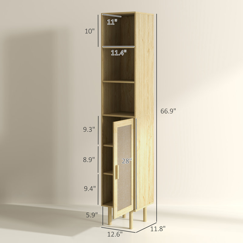 Tall Bathroom Cabinet With Rattan Doors, Freestanding Bathroom Storage Cabinet With Adjustable Shelves, Distressed Oak, Oak