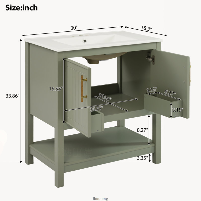 Meuble-lavabo vert de 76 cm avec lavabo en céramique et rangement polyvalent, Vert