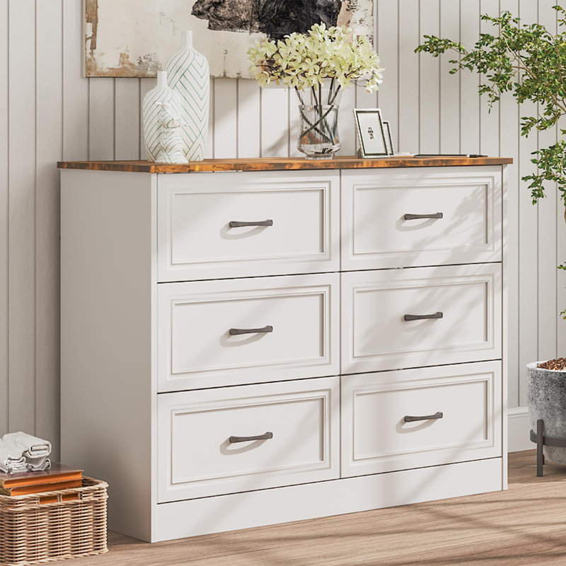 Commode 6 tiroirs avec station de charge, Blanc / brun