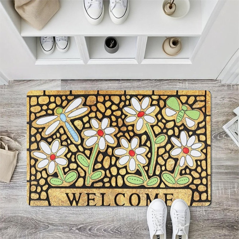 Tapis de sol floral Mosaic Dragonfly, pour patio et jardin, 24 po x 36 po, beige / noir