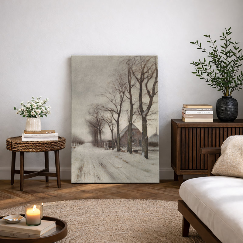 Illustration de paysage de route de campagne d'hiver, photos de chambre de ferme rustique d'hiver, impression sur toile encadrée