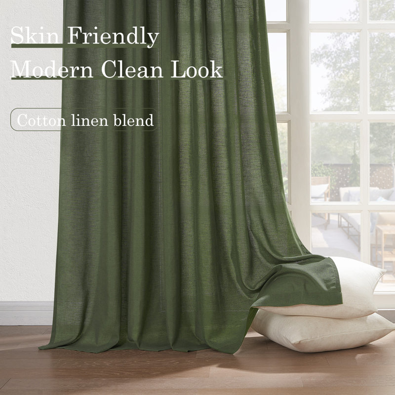Cotton Linen Blended Light Filtering Curtain,Back Tab Hooks  Drapes (Set of 2,With Hooks), 52" W x 90" L, Olive Green