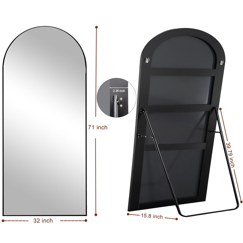 Leeron Oversized Arch Solid Wood Floor Mirror with Stand, 70.9" x 31.5", Black