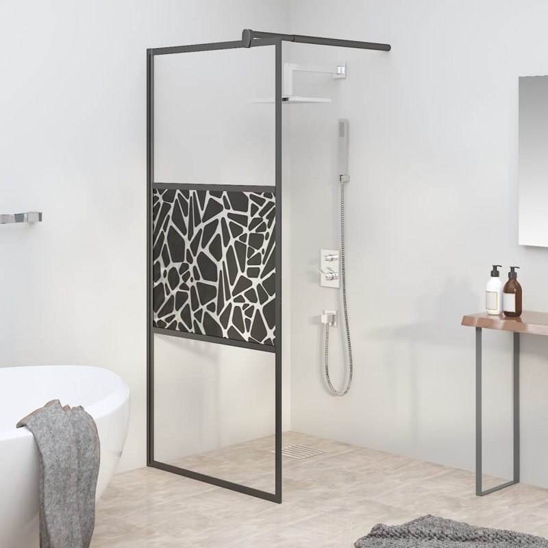 VidaXL Walk-in Shower Wall 31.5" x 76.8" ESG Glass with Stone Design, Black